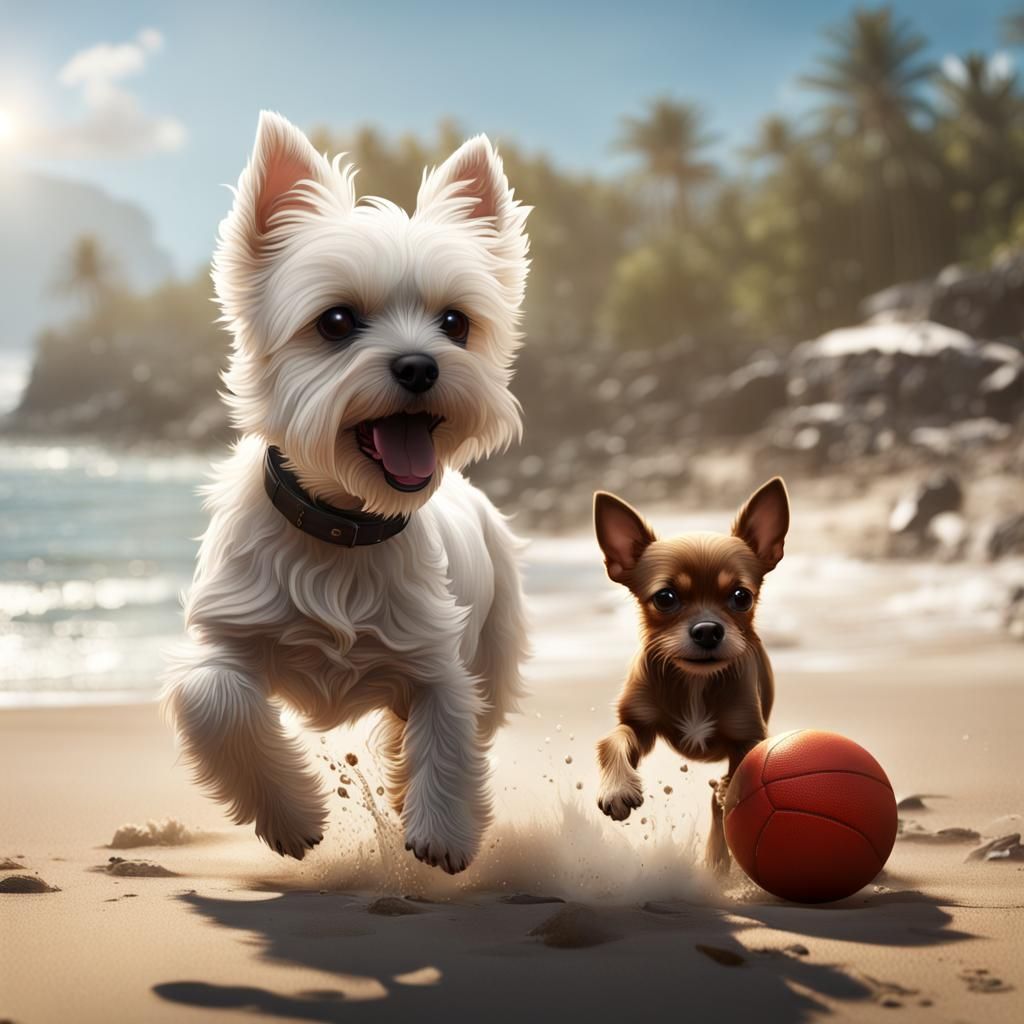 Westie and Chihuahua Beach Play in Detailed Art