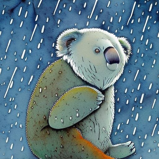 Unhappy Koala in Rainstorm, Stippled Watercolour