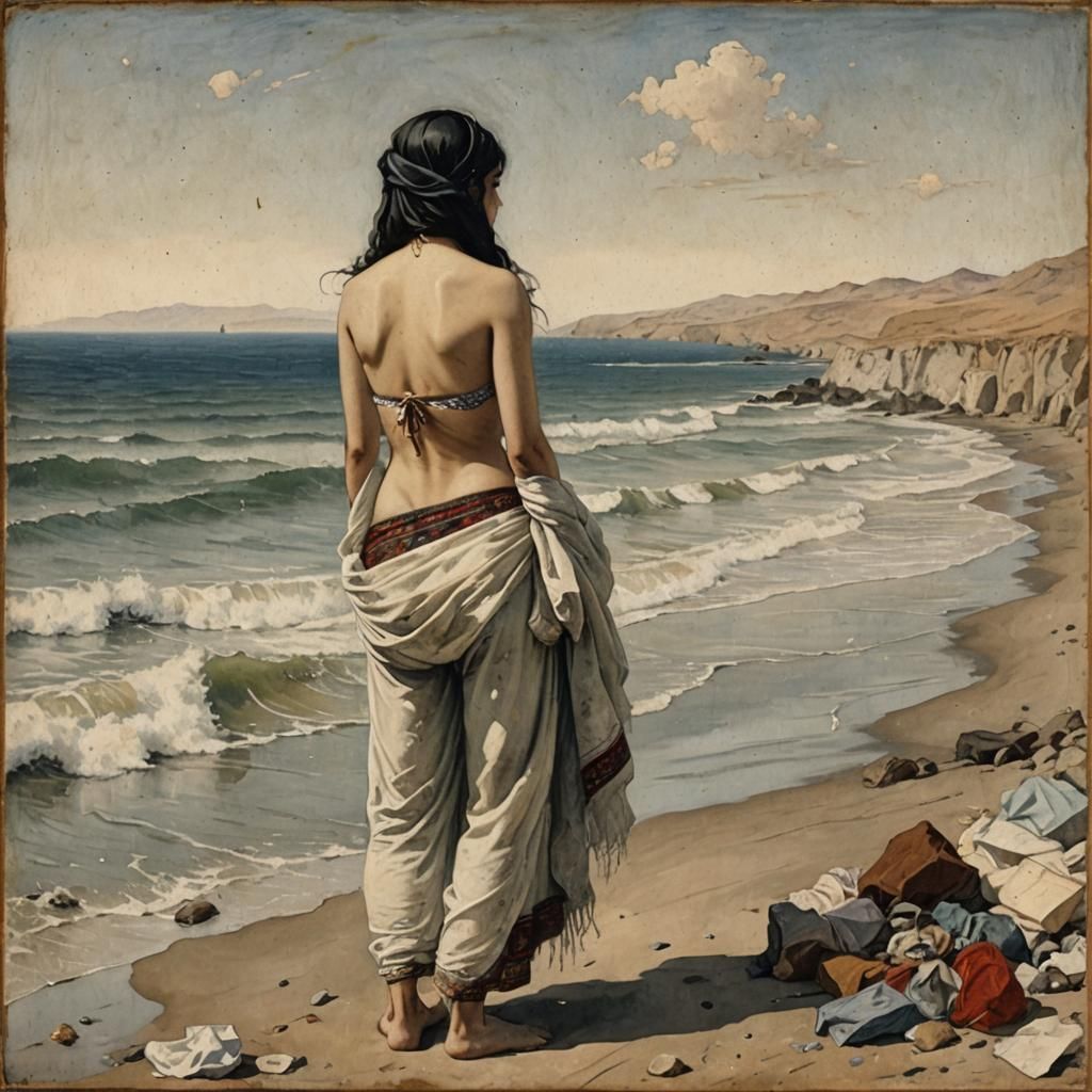 Qajar Art: Woman Gazing at Turbulent Sea