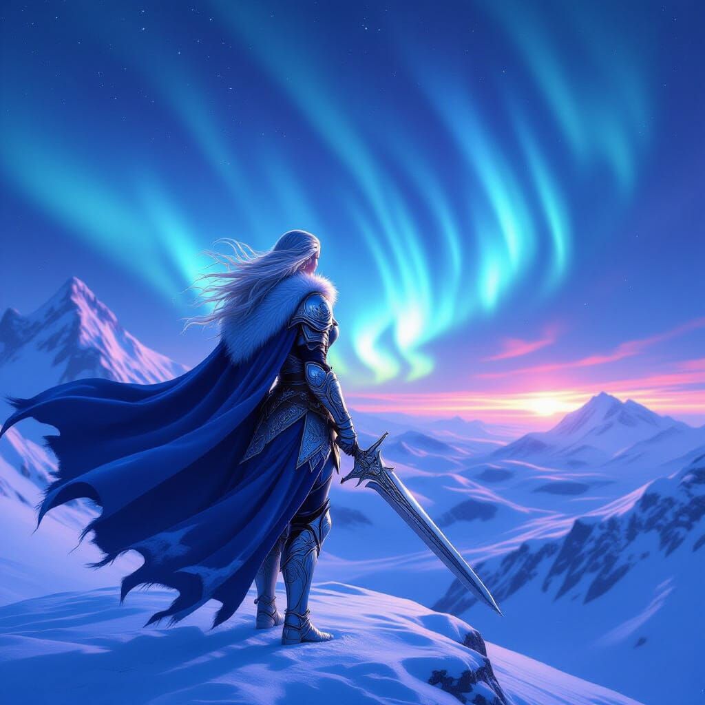 Valkyrie on Snowy Peak with Aurora Borealis