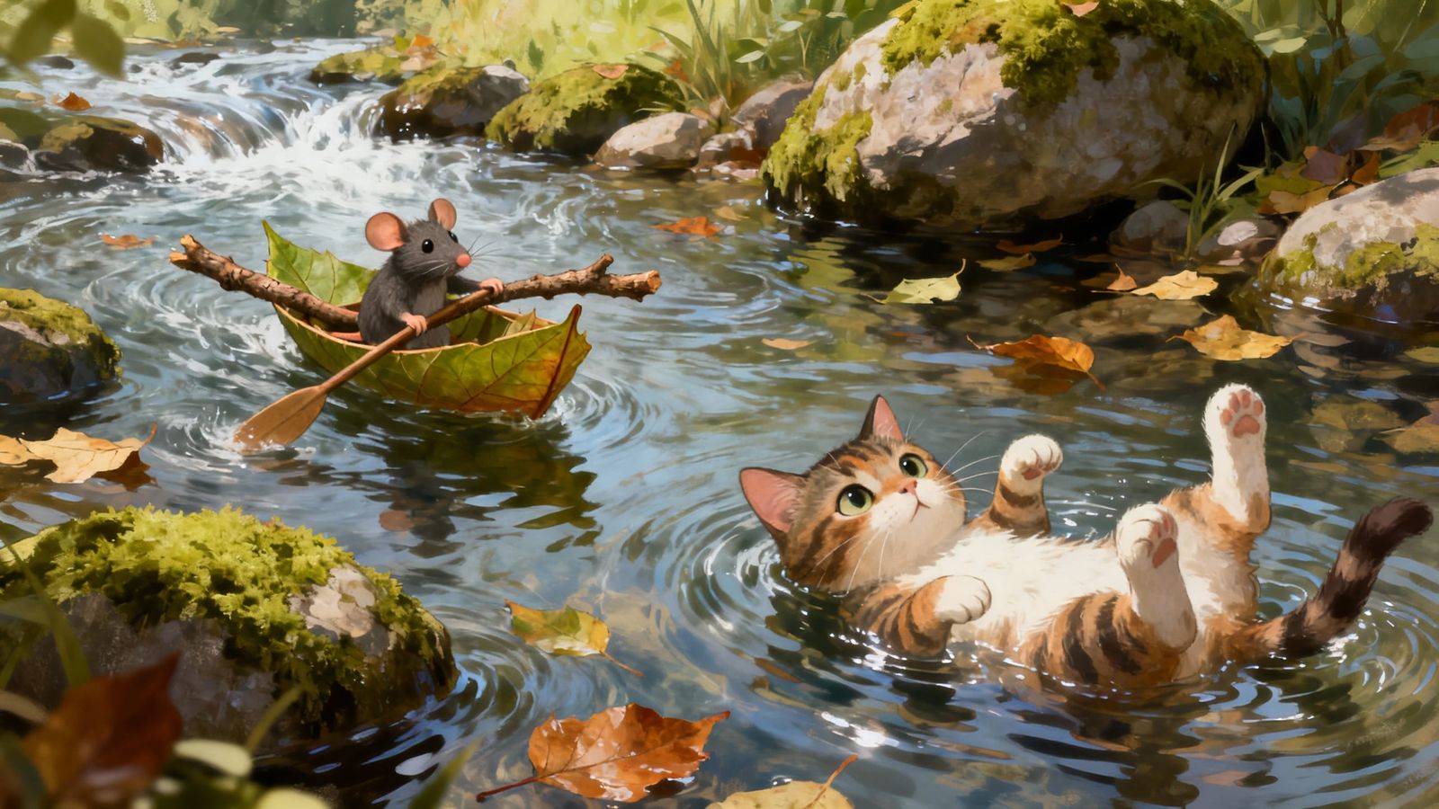 Cute Cat Watches Mouse Boat in Forest Stream