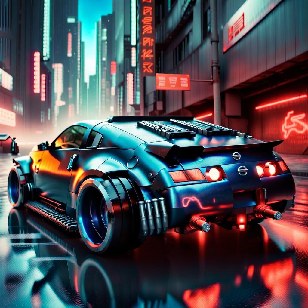 Cyberpunk Metallic Blue Car with Heavy Armor and Twin Machin...