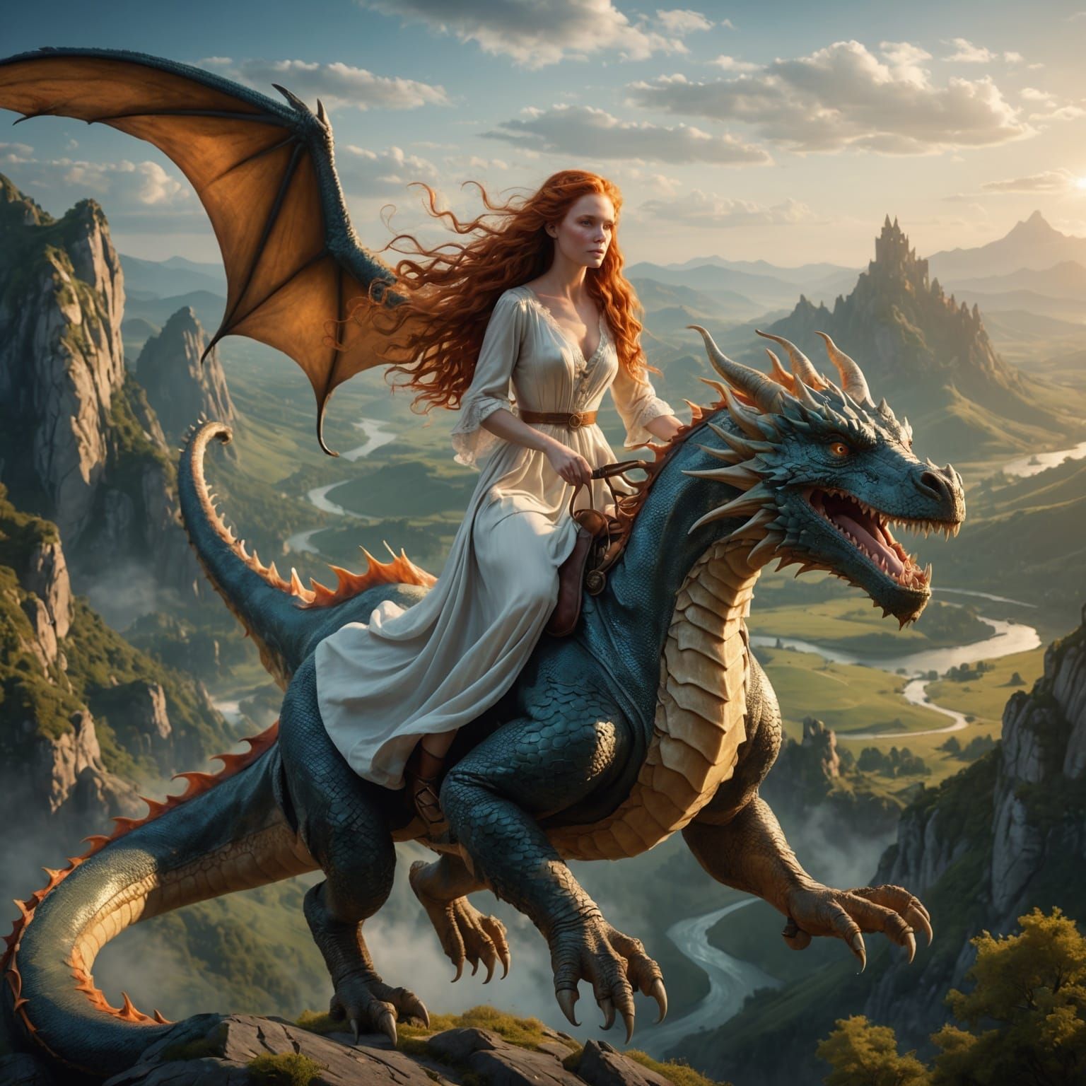 Ginger Haired Girl Rides a Dragon in Fantasy Landscape