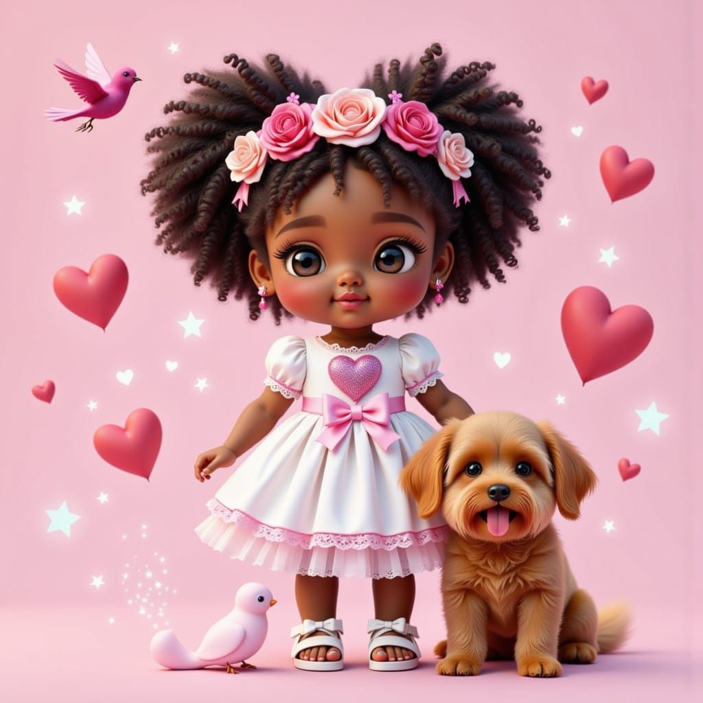 Cute Valentine's Day Girl with Puppy in Digital Art Style