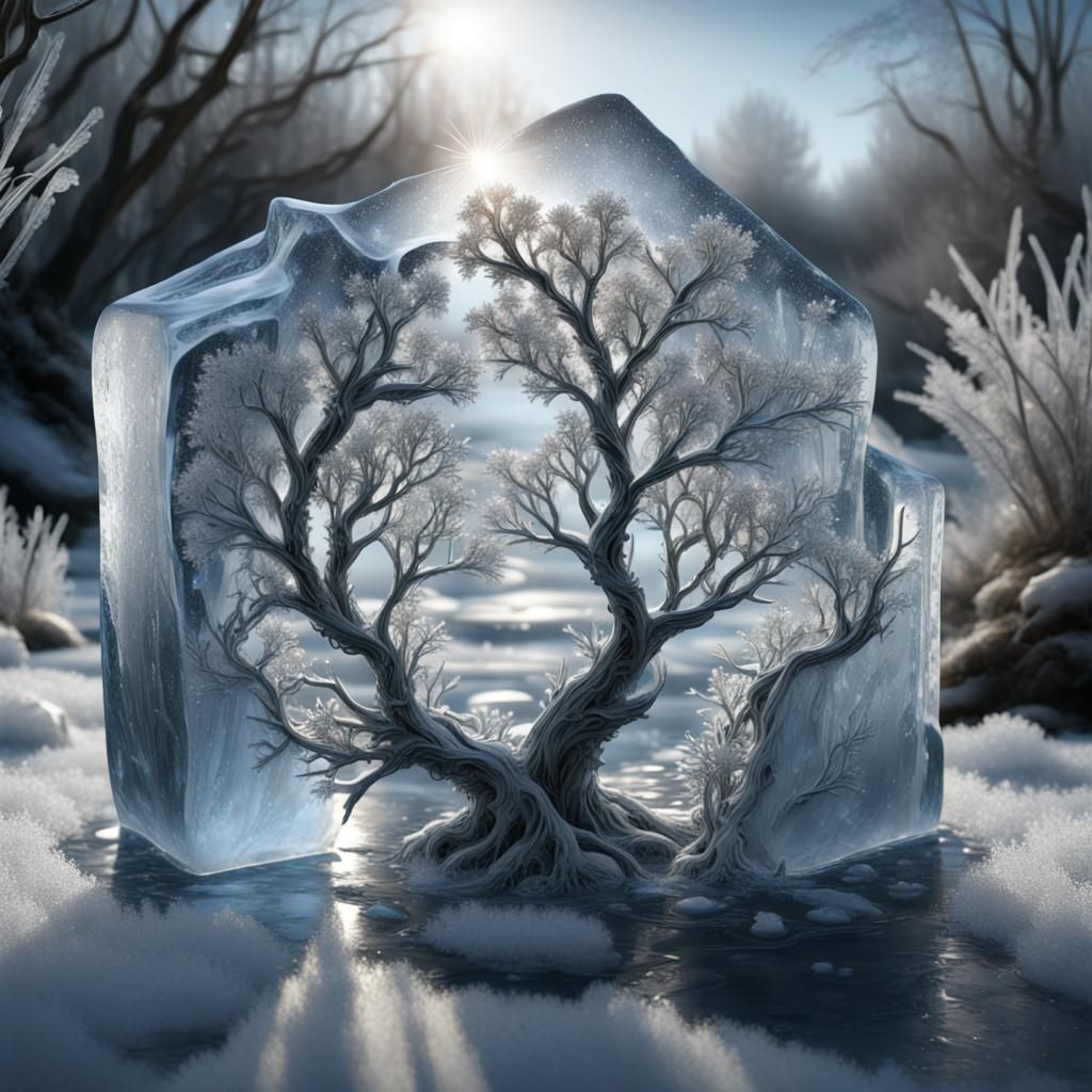 Icy Oak Sculpture with Ice Crystals and Sunlight