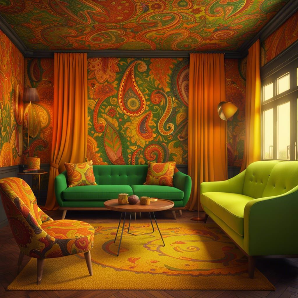 Vibrant 60s Living Room with Paisley and Mod Furniture