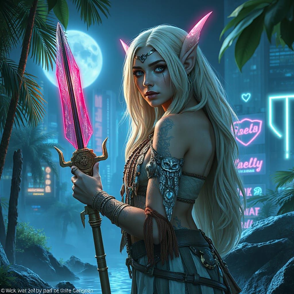 Albino Elf in Neon Cyberpunk Jungle City