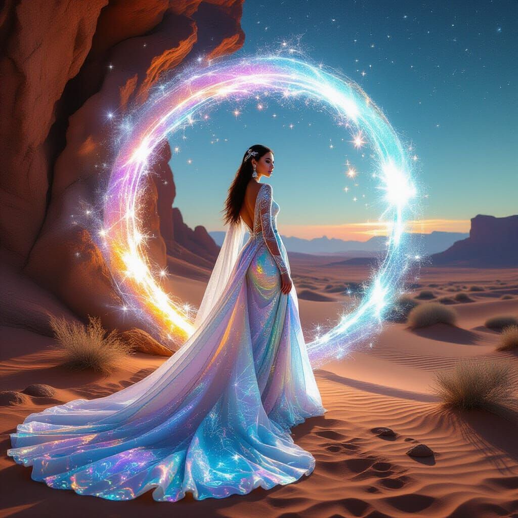 Ethereal Woman at Stargate in Surreal Desert