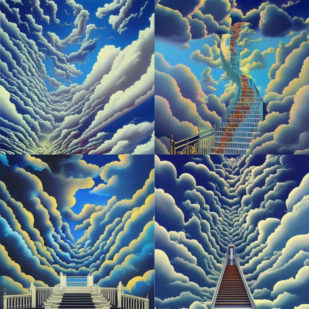 Victorian Staircase Ascending to Cloudy Sky