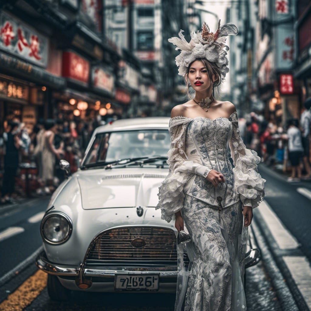 Hyperrealistic Woman in Tokyo in Fancy Dress