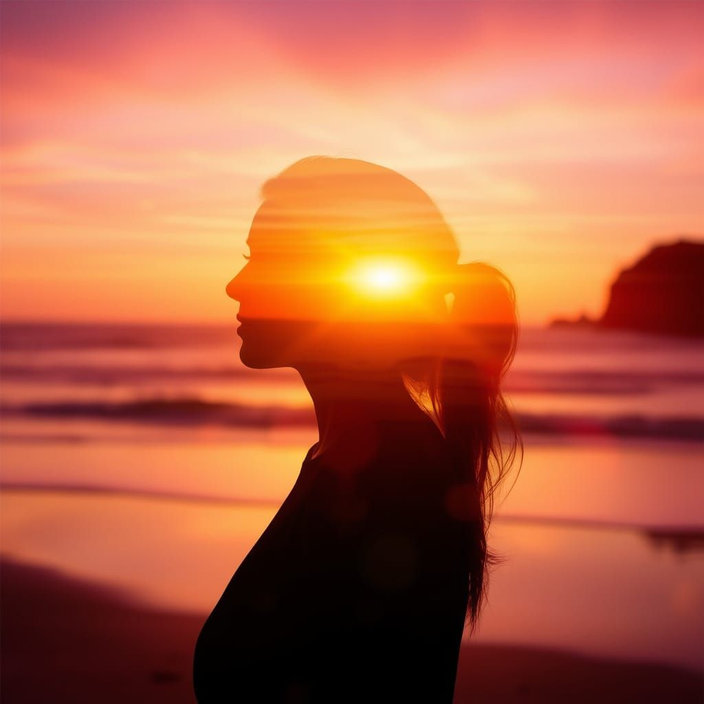 Woman Silhouette With Sunset Beach Double Exposure