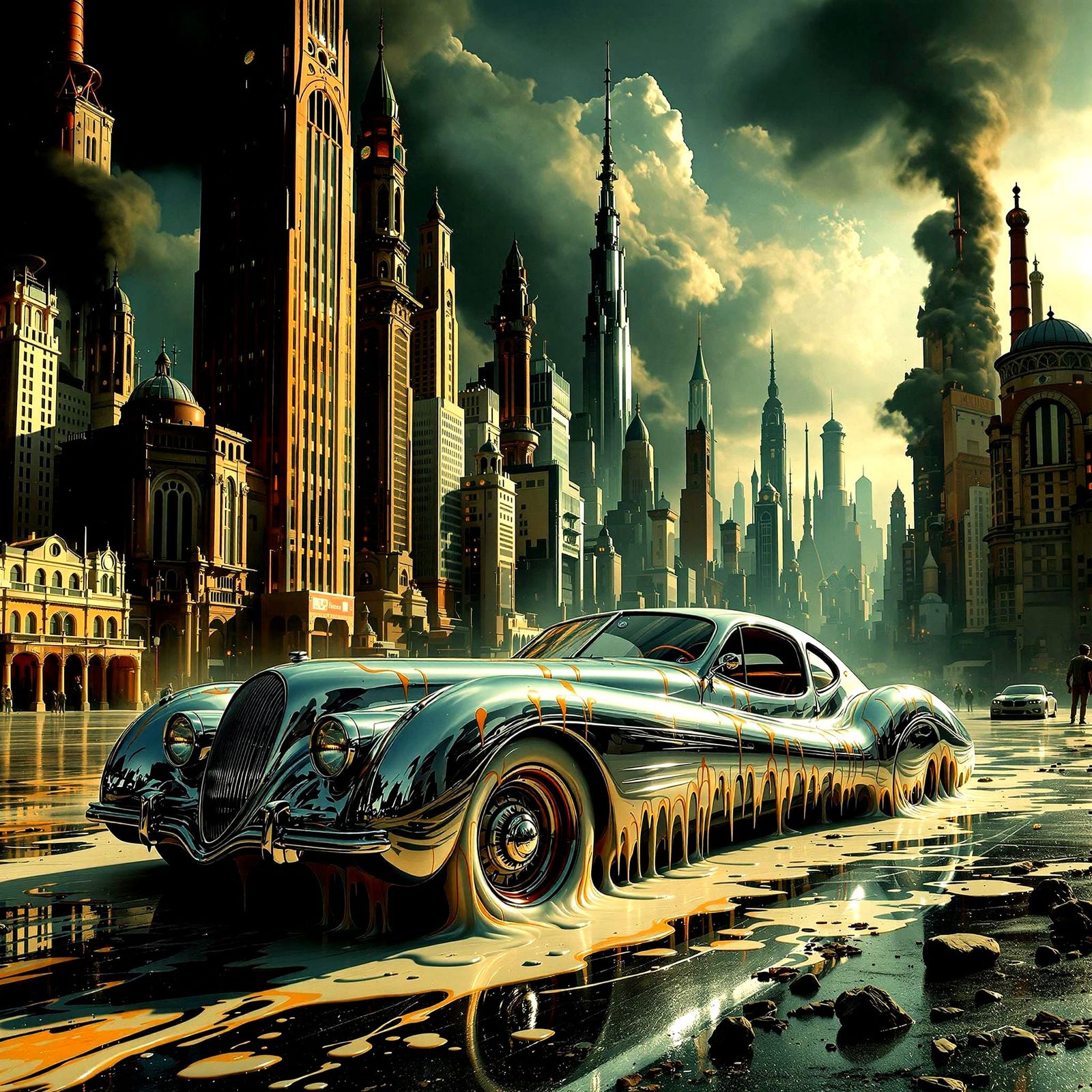 Surreal Dieselpunk Cityscape in Photorealistic Melting Car S...