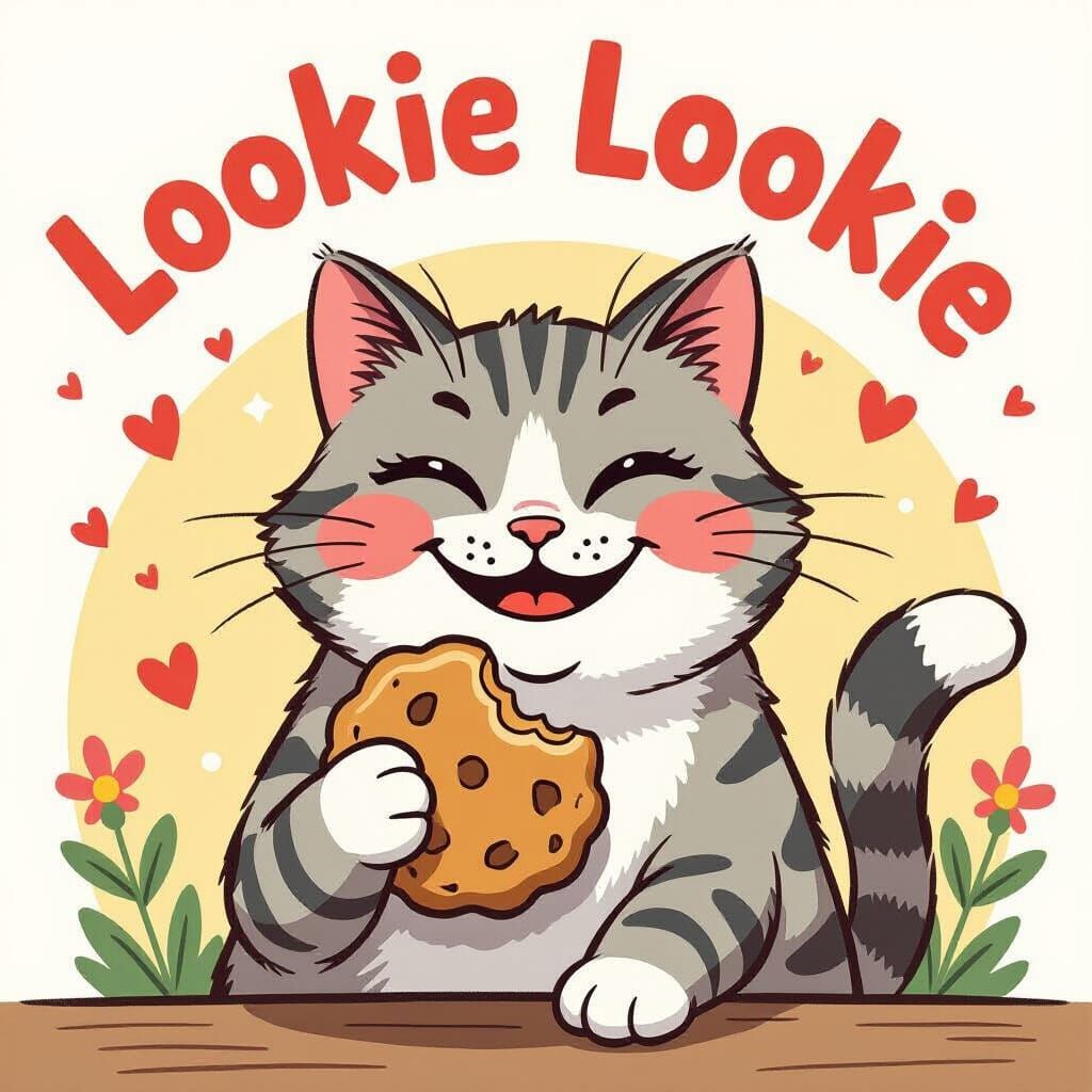 Whimsical Cat with Cookie in Cartoonish Style