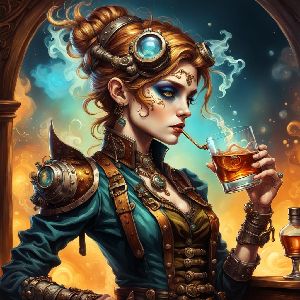 Steampunk Fae Sipping Whisky: Hyperrealistic Splash Art
