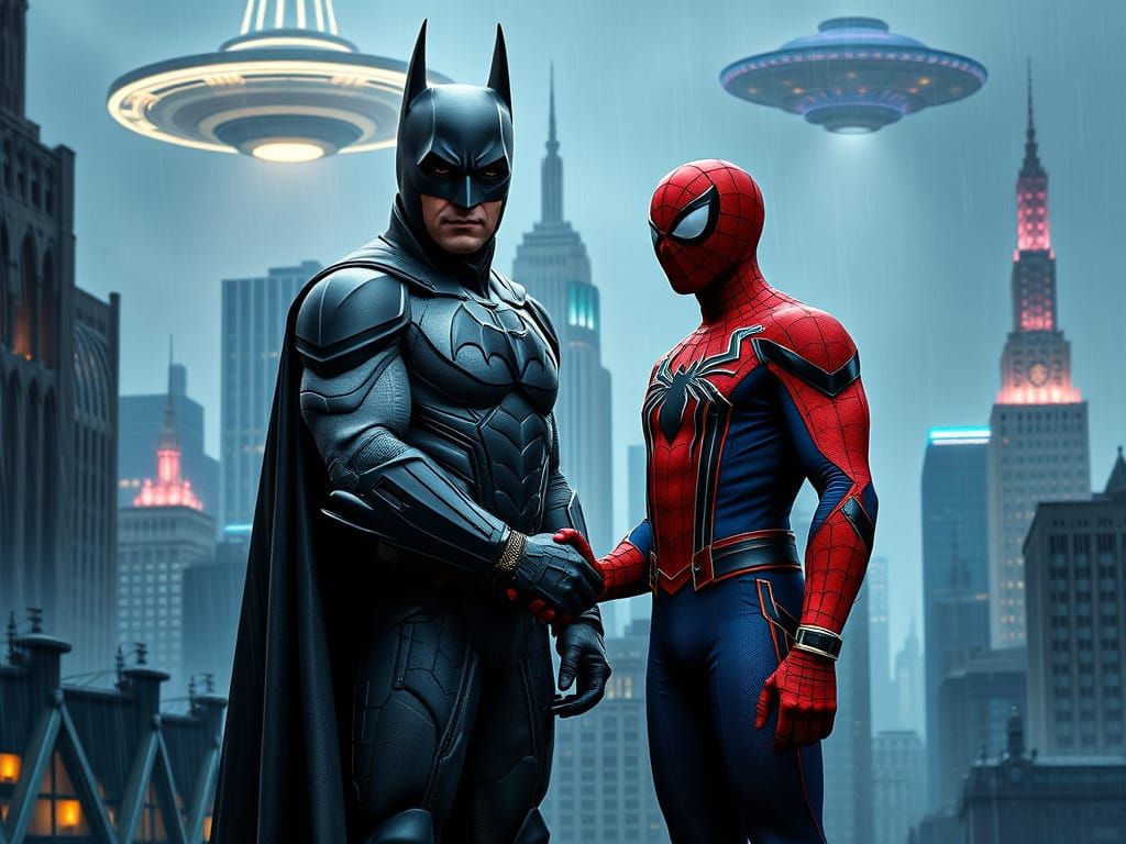Batman and Spider-Man shaking hands, symbolizing their alliance