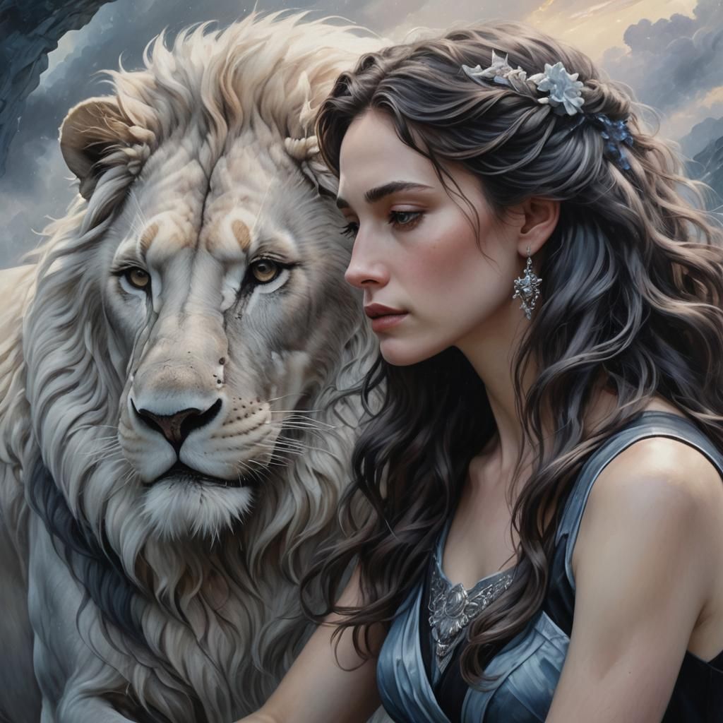 Woman and Lion in Ethereal Oil Painting
