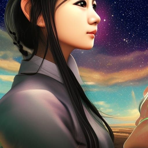 Yakuza Woman Watching Stars: Photorealistic Matte Painting