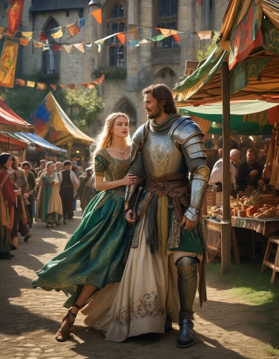 Knight Proposes at Medieval Fair, Oil Painting