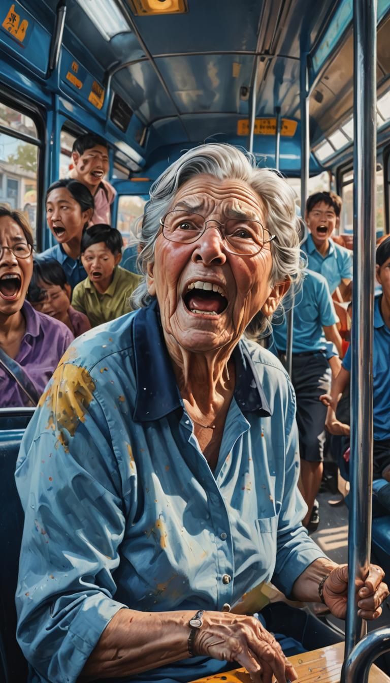 Hyperrealistic Old Woman Shouting on Bus