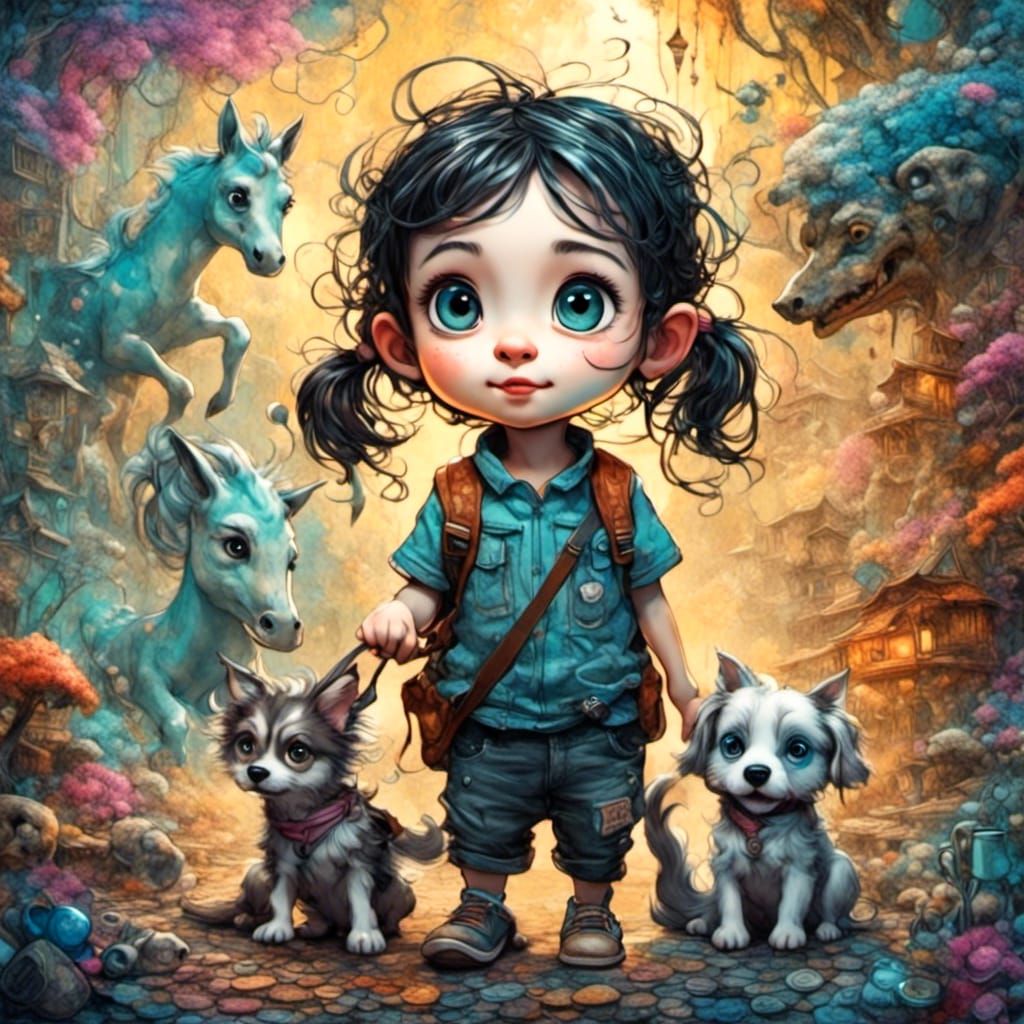 Adorable Toddler and Puppy in Fantastical Matte Painting