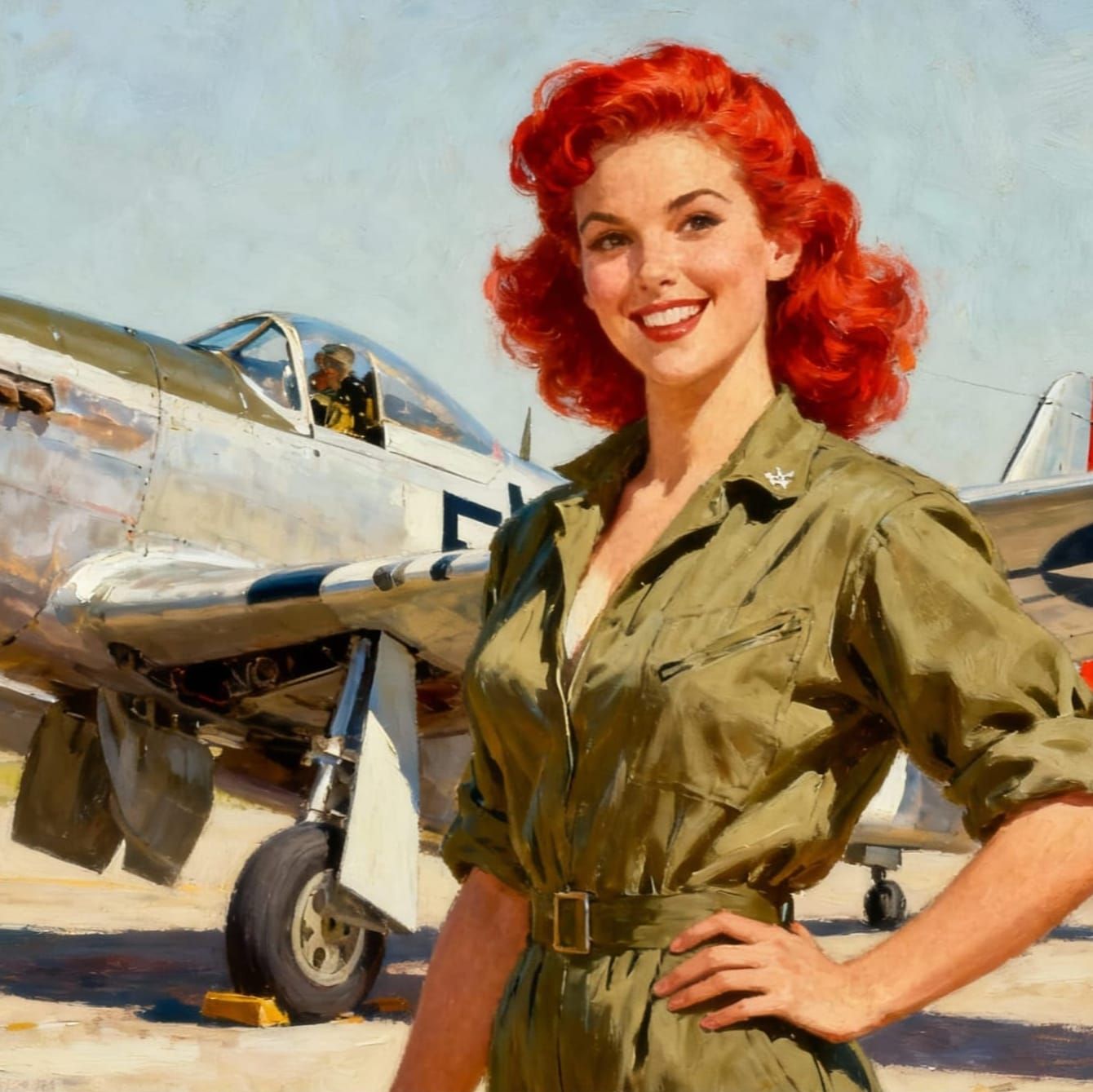 1940s Pin-Up Woman with Wrench and P-51 Plane