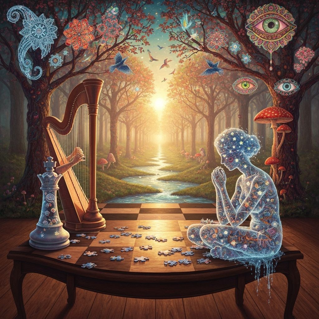 Hazy Oil Painting of Chess Royalty and Puzzle Pieces