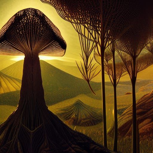 Detailed Cordyceps Landscape: Digital Renaissance Futurism