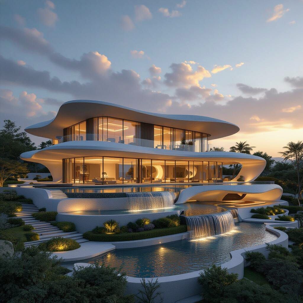 Two-Story Villa Integrated into Multi-Level Landscape with S...