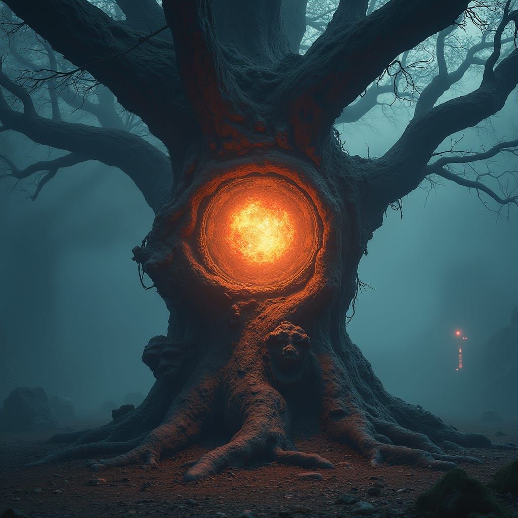 Mystical Glowing Stone Tree in Organic Style