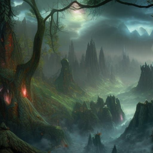 Elf and Hydra in Mystical Forest, Detailed Fantasy Art