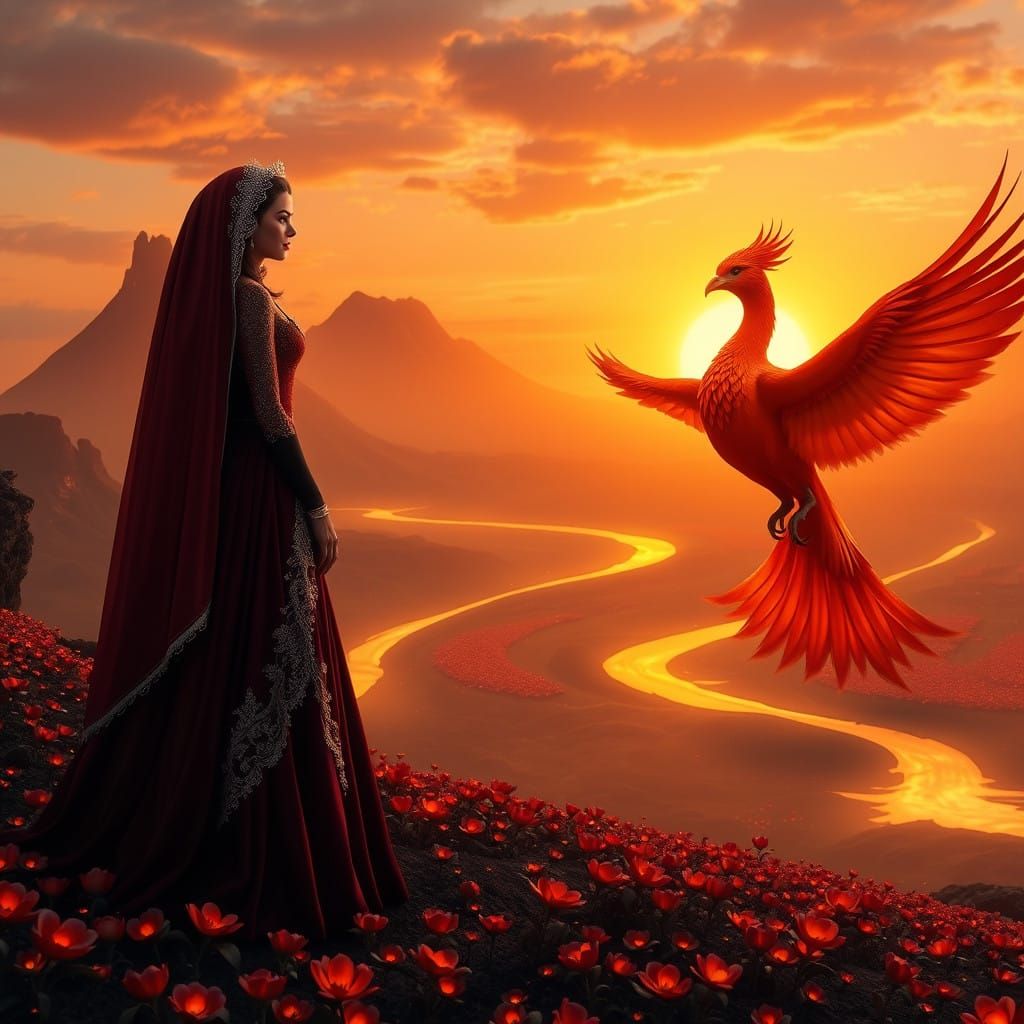 Regal Black Tulip Princess Beside Majestic Phoenix in Lava L...