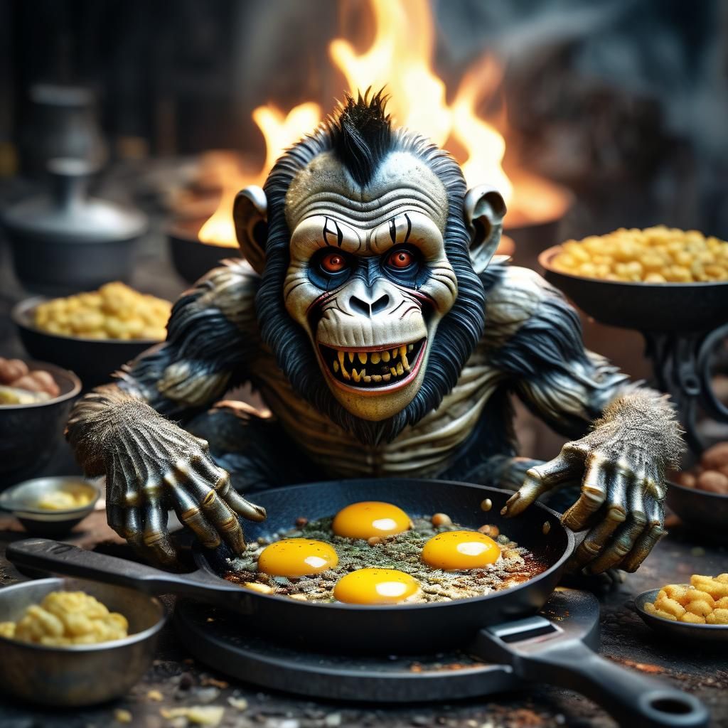 Chilling Zombie Monkey Monster Clown Scene with Fried Mac an...