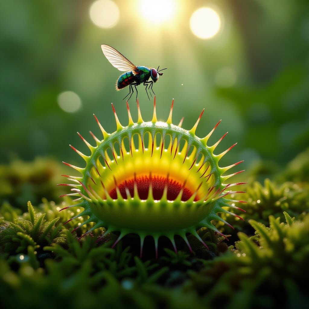 Green Venus Flytrap with Fly in Jungle, Macro View