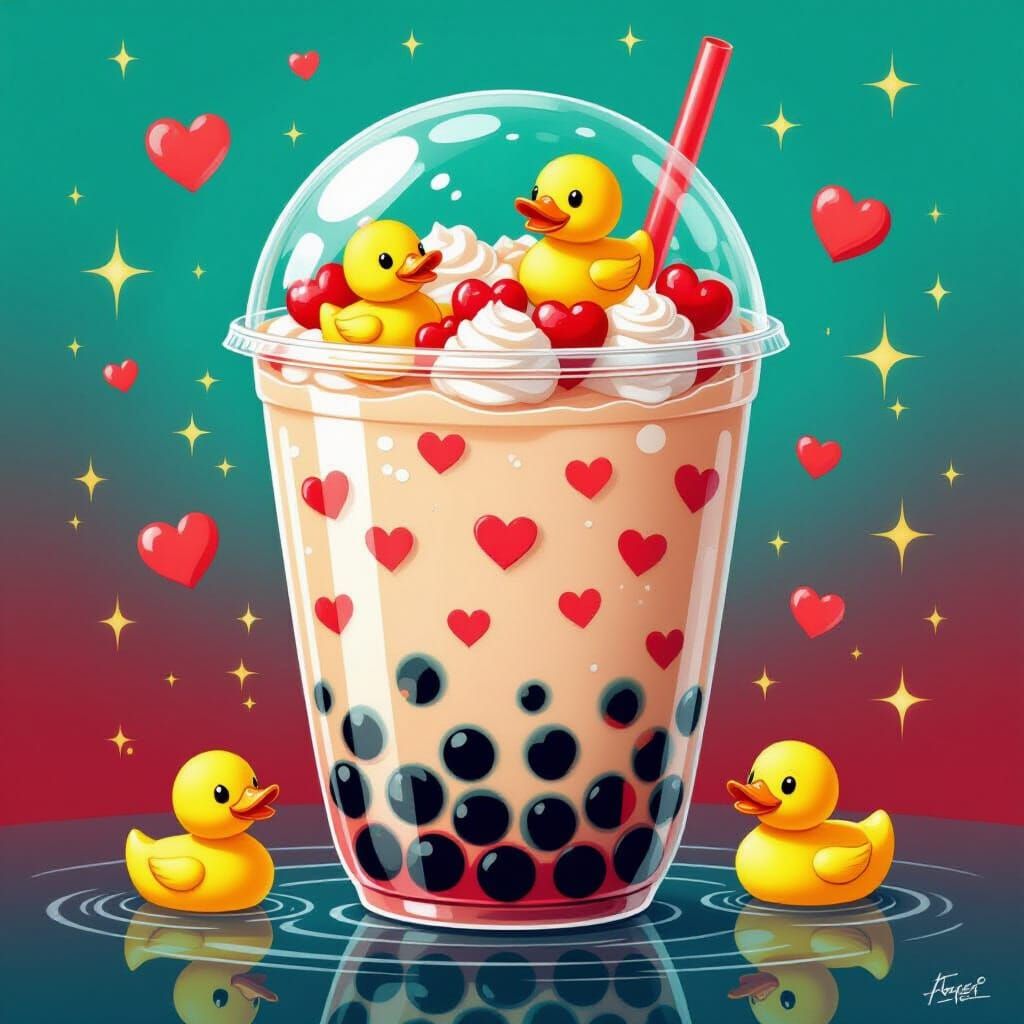 Giant Bubble Tea with Ducks and Hearts, Teal & Red