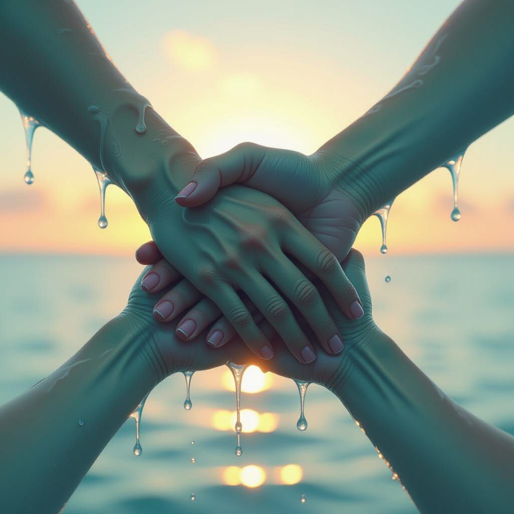 Ocean Water Hands Holding Each Other in Splash Art Style