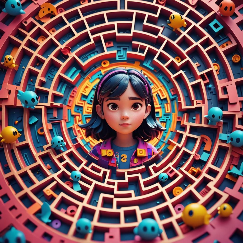 Girl in Retro Maze: Pixar-Style 3D Digital Art