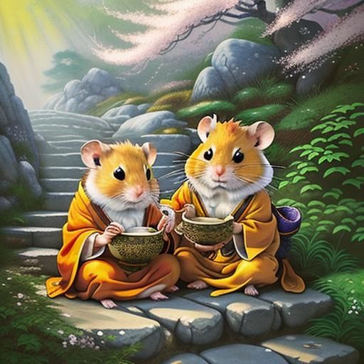 hamsters in flowing saffron robes with delicate golden trim, sitting cross-legged on weathered misty mountain stone step...