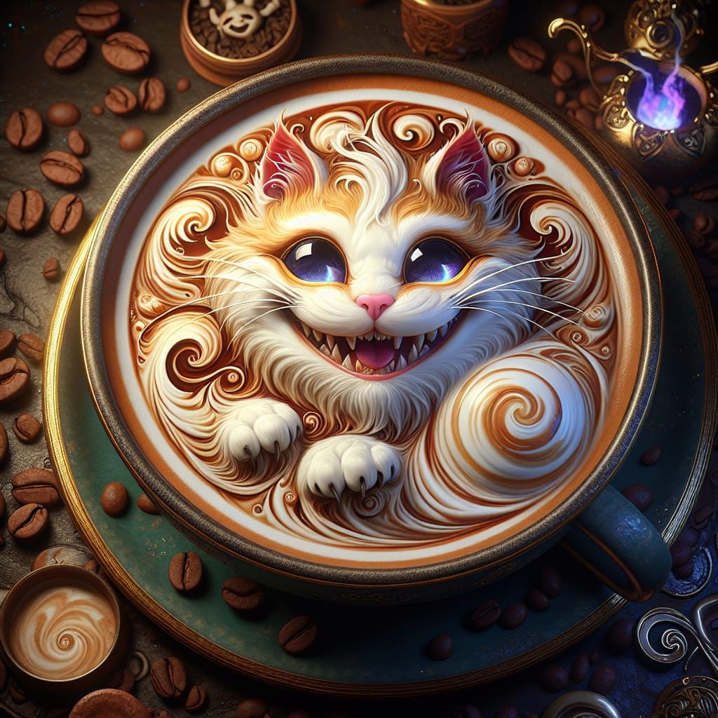 Cappuccino with 3D Latte Art Cat in Matte Painting Style