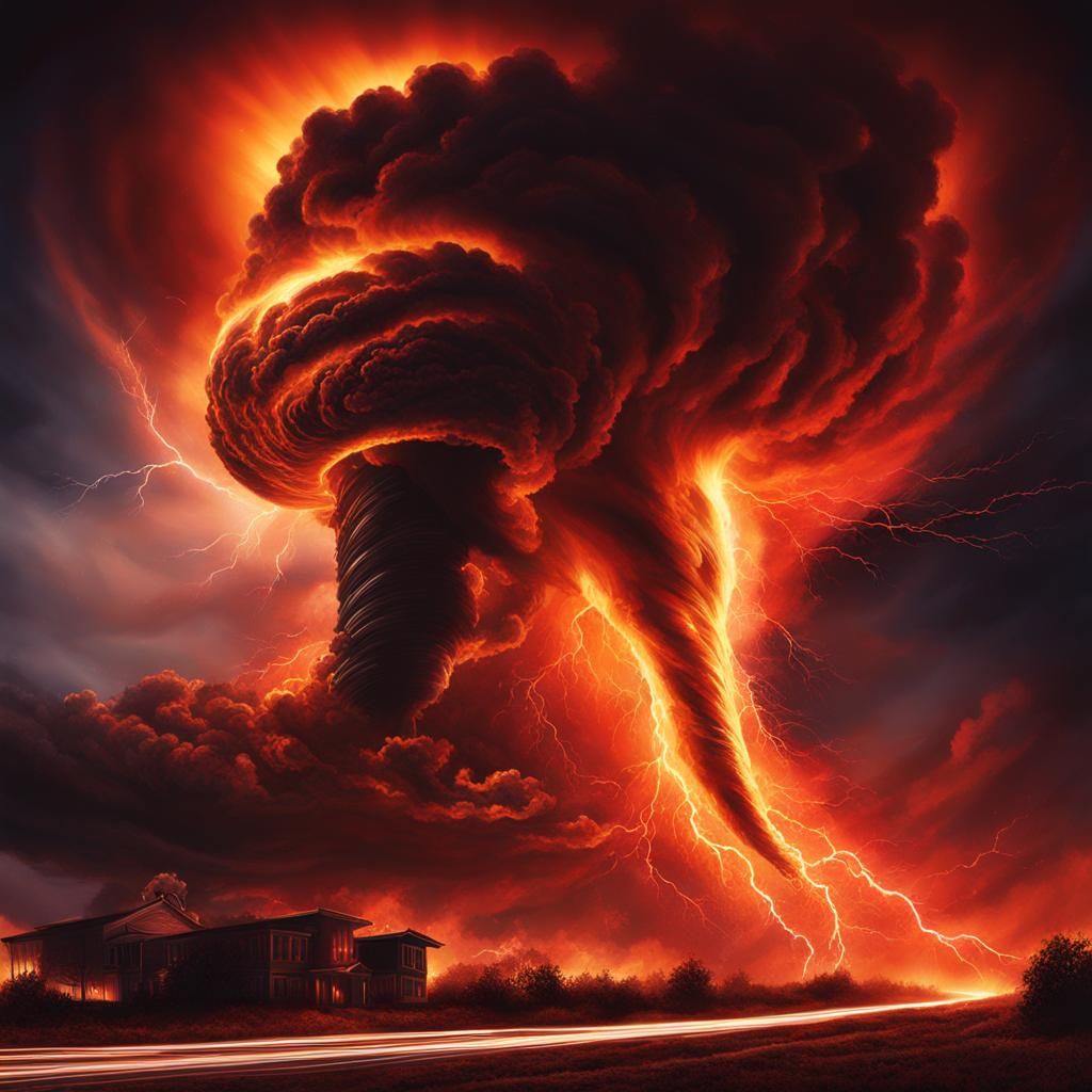 Erupting Tornado at Night in Hyperrealistic Style