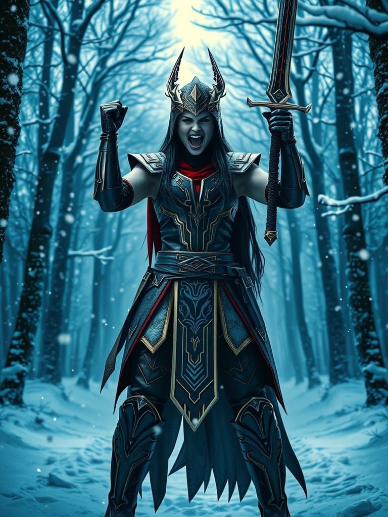 Victorious Warrior in Winter Forest, Hyperrealistic