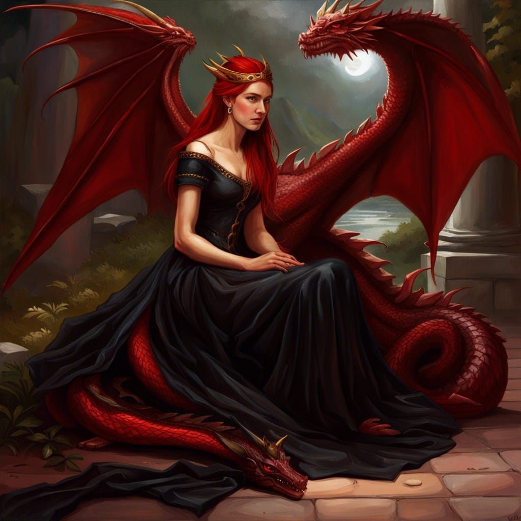 Queen with Red Dragon in Realistic Portrait Style