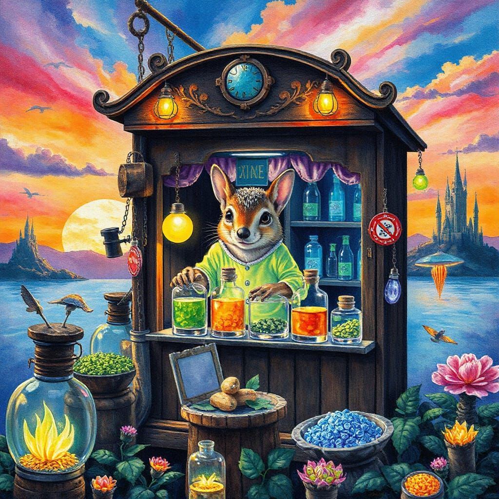 Alien Market with Magical Squirrel Offering Glowing Potions