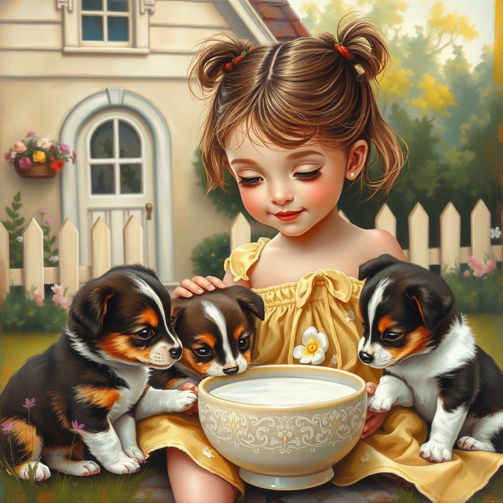 Girl Feeding Sheltie Puppies