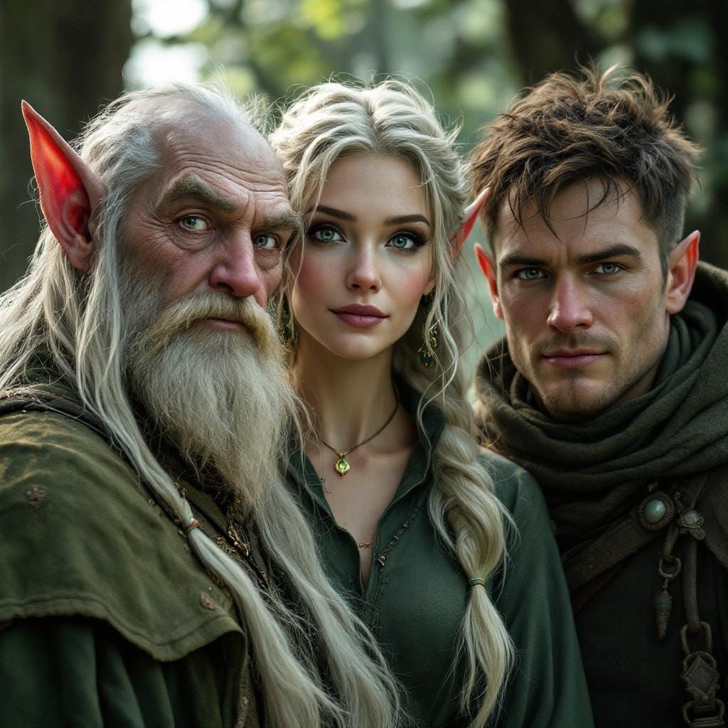 Elven Woman, Halfling, and Archer in Fantasy Art Style