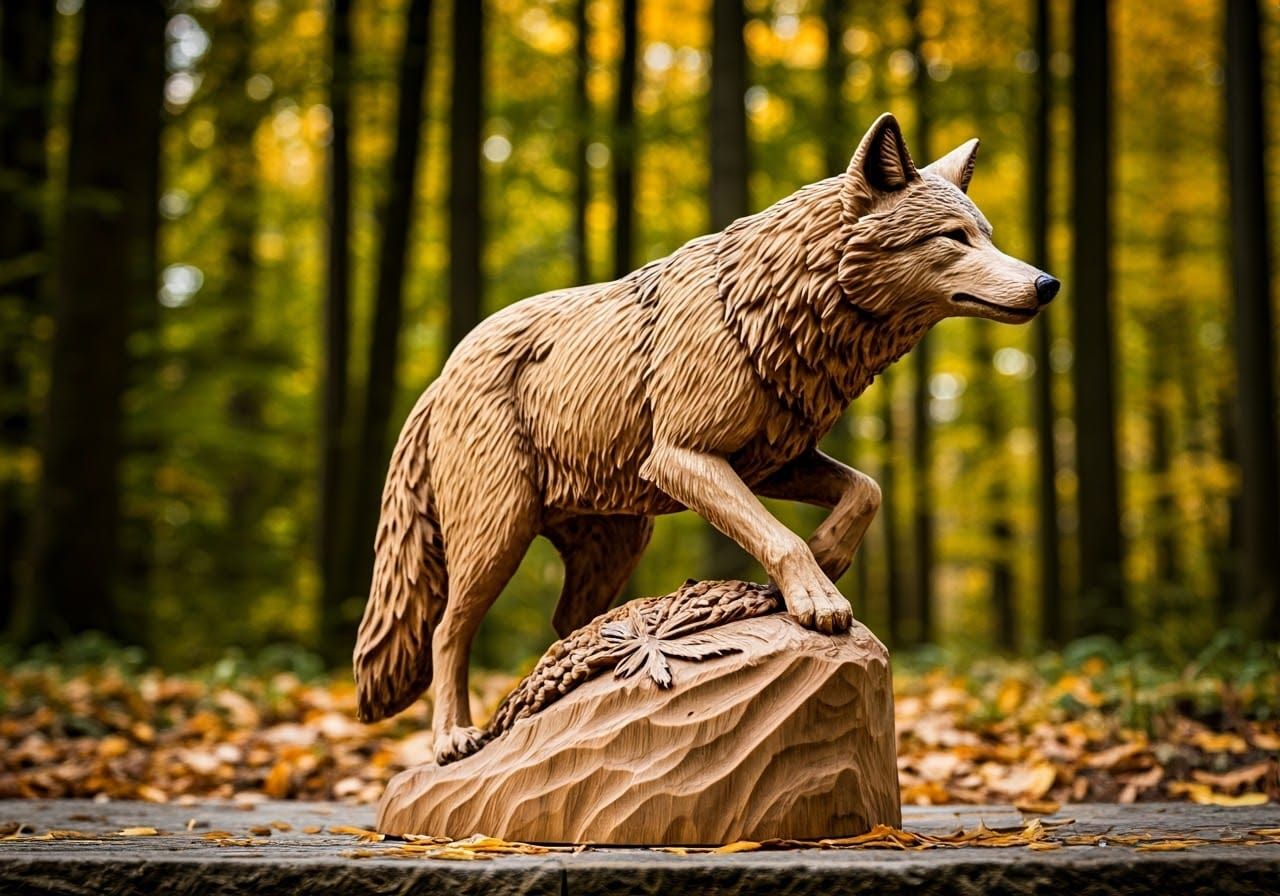 Dynamic Wood Carving of a Wolf in Forest