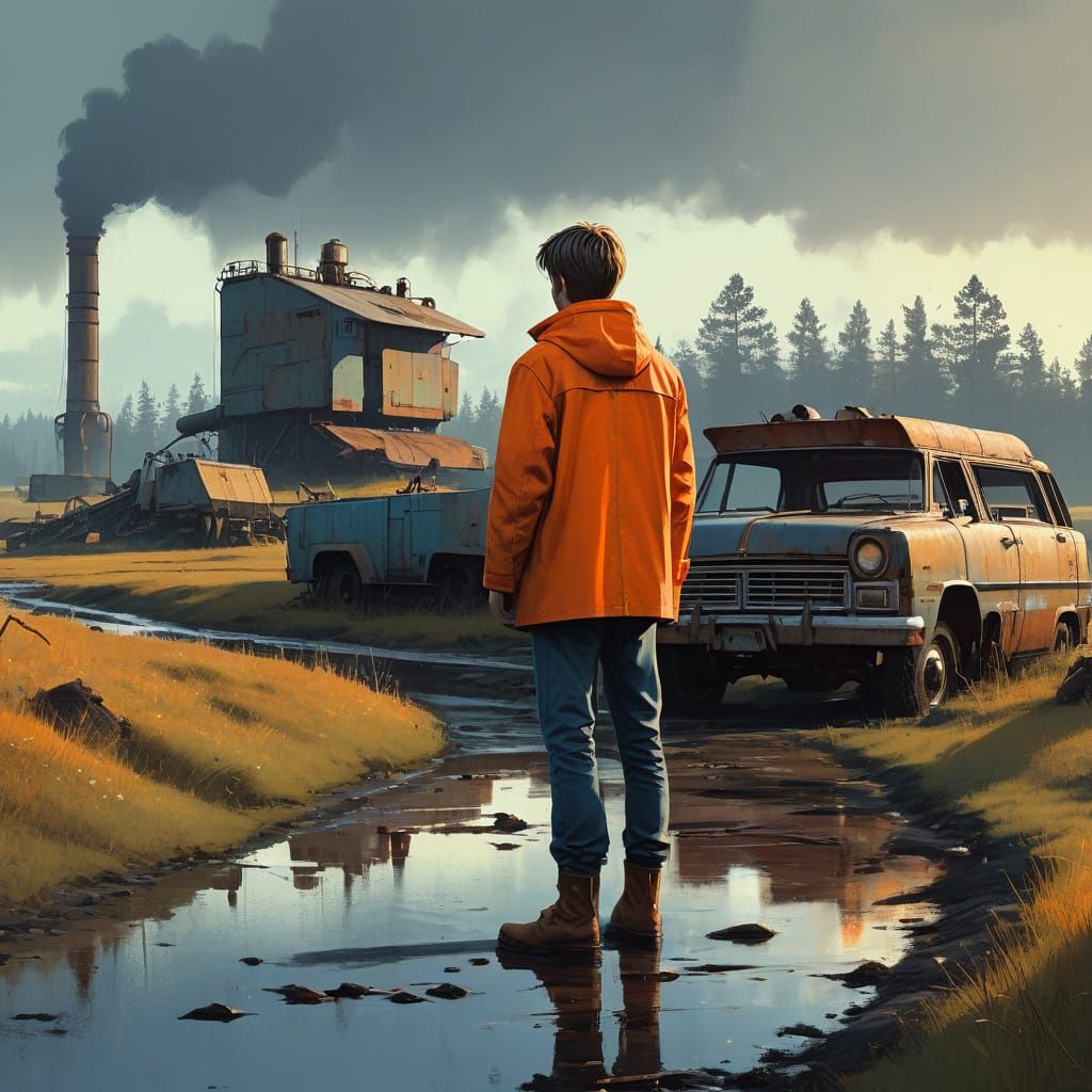 Boy in Orange Raincoat: Digital Painting in Stalenhag Style