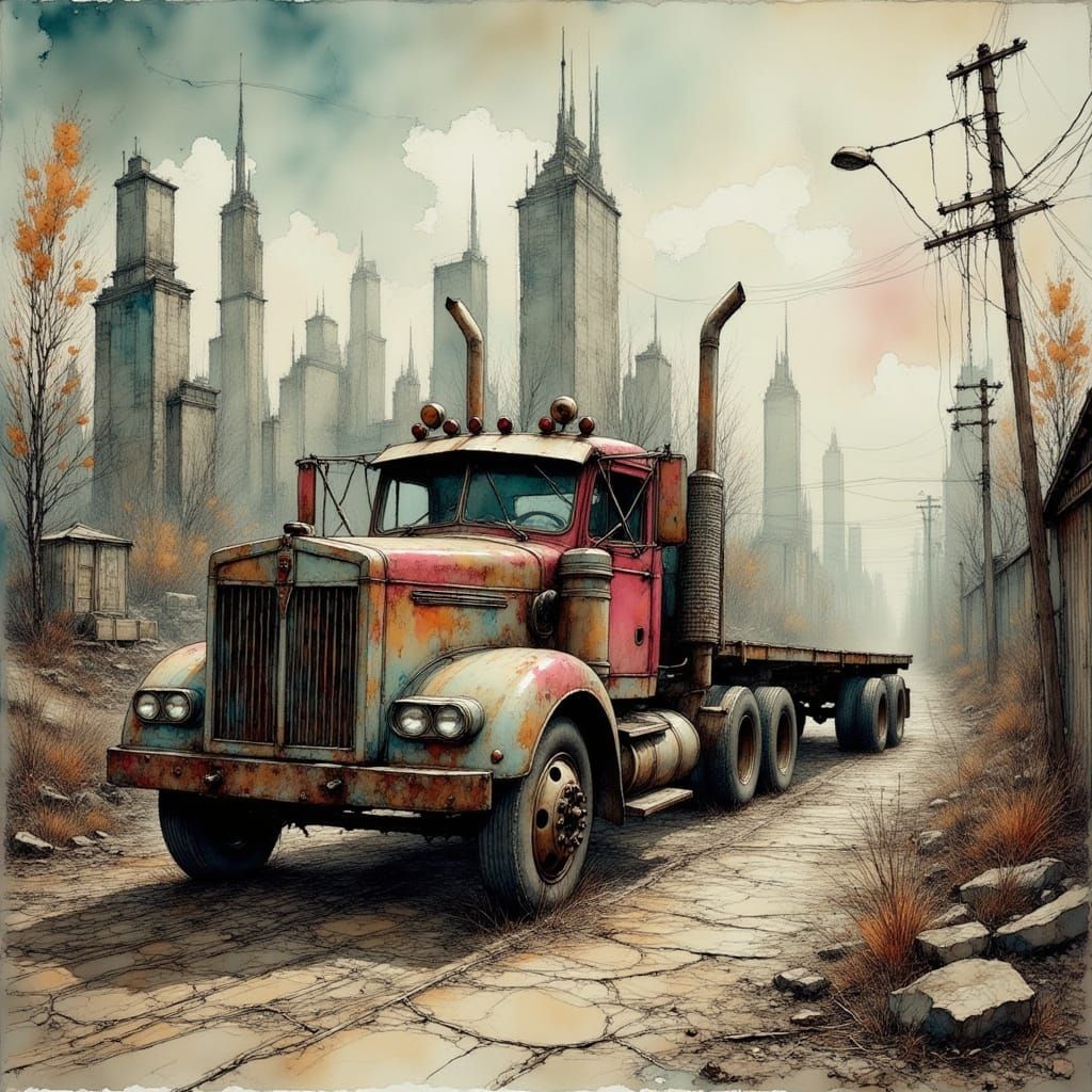 Rusted Western Star Truck Amidst Abandoned City Ruins