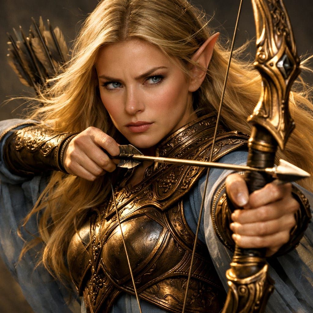 Elven Archer Woman with Bronze Bow and Arrow