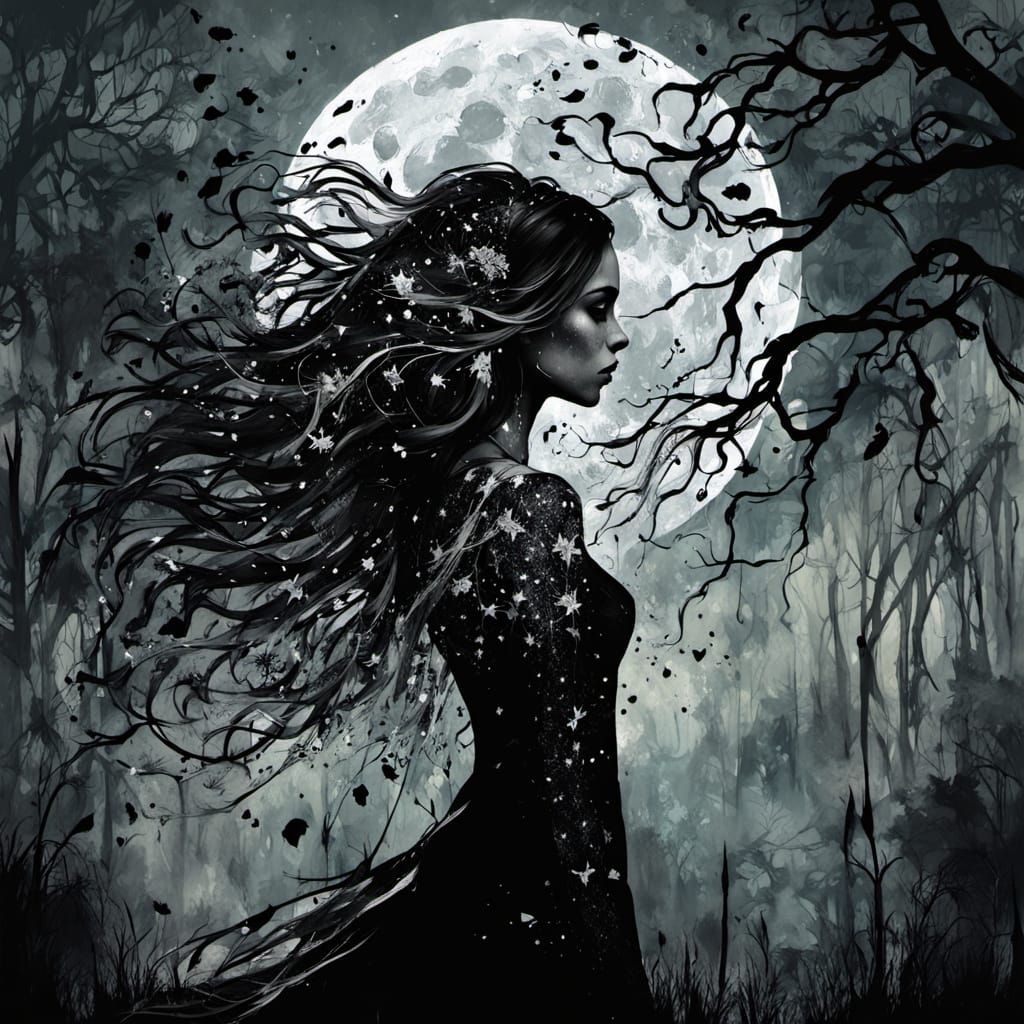 Gothic Willow Forest Woman Under Full Moon