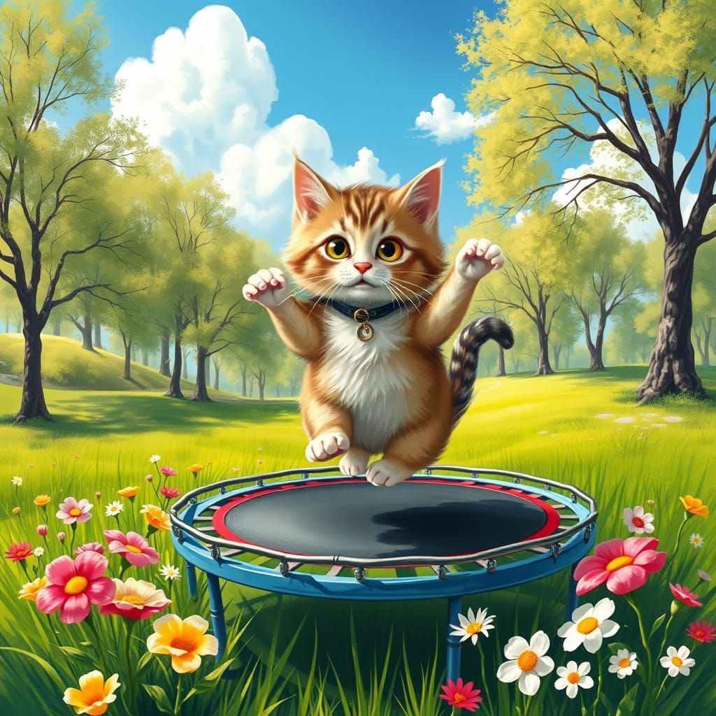 Fuzzy Feline Soars on Colorful Trampoline Amidst Blooming Me...